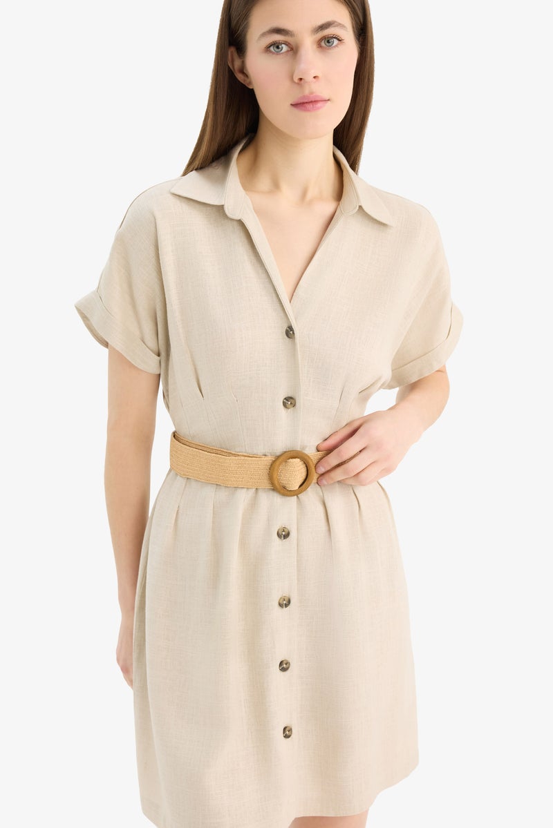 DeFacto Beige Woman Shirt Collar Belted Linen Blend Mini Dress Casual - Image 4